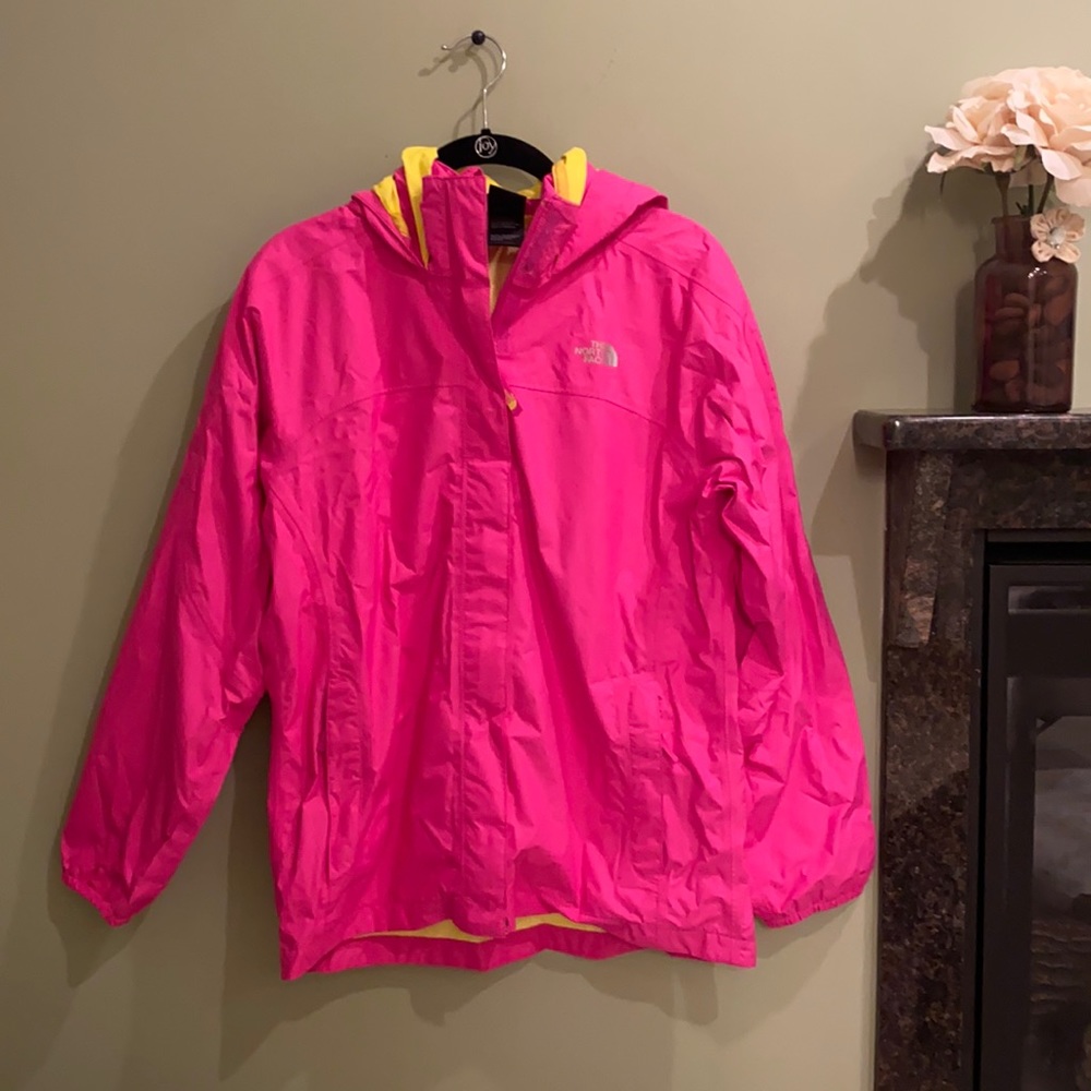 The North Face Rain Jacket - Pink with Yellow Interior Lining - Girl's Size 18